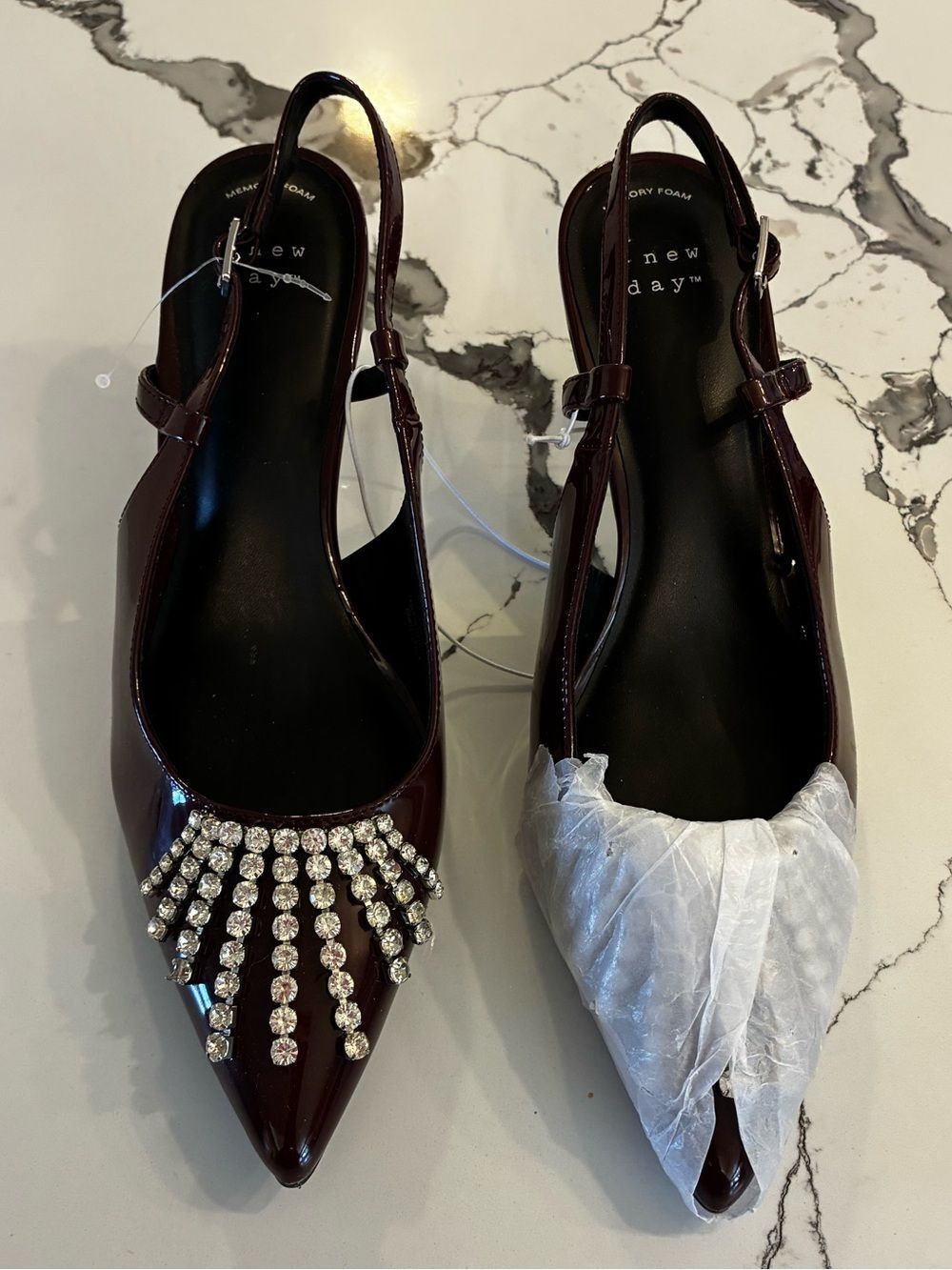 Burgundy Patent Slingback Pointed heel with Crystal Fringe Accent